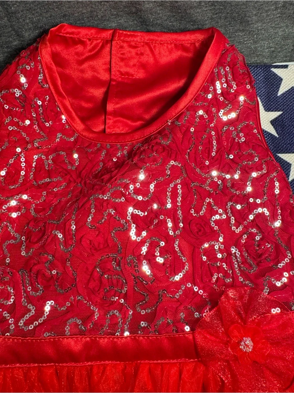 Red Sequin Tulle Dog Party Dress with Floral Accent